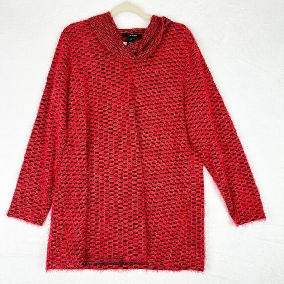 Ali Miles Cowl Neck Eyelash Tunic Sweater Size XL Red Checkered - Picture 1 of 5
